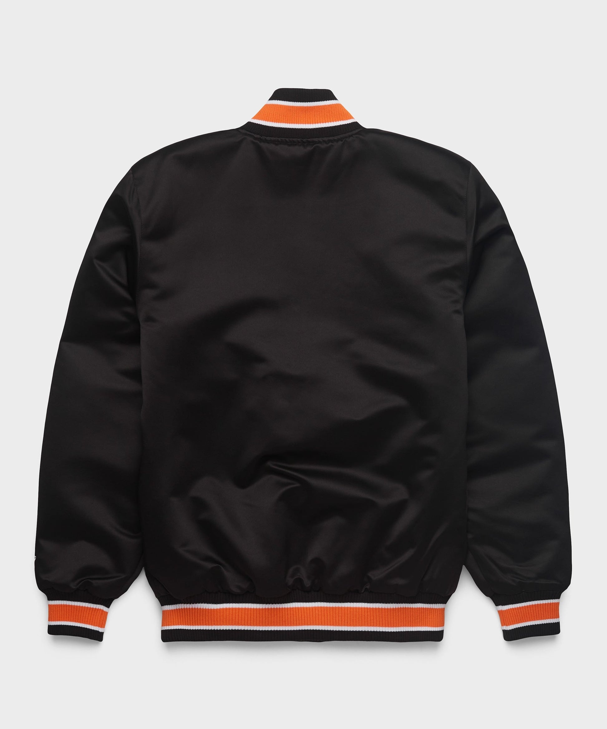 dark brown jacket with orange and white trim on a light gray background