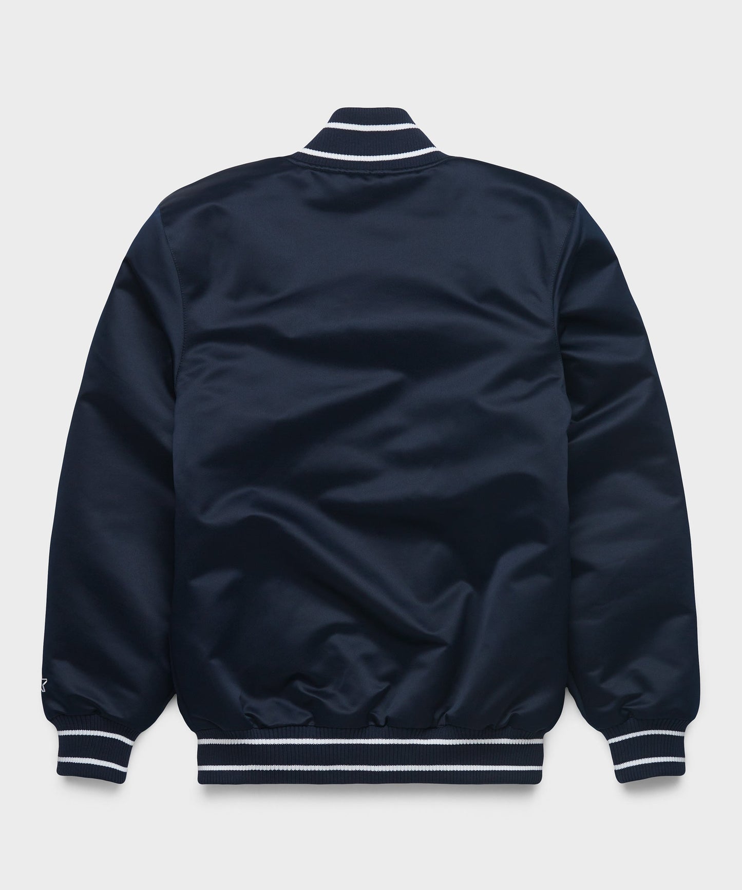 Navy blue jacket with white trim on a light gray background