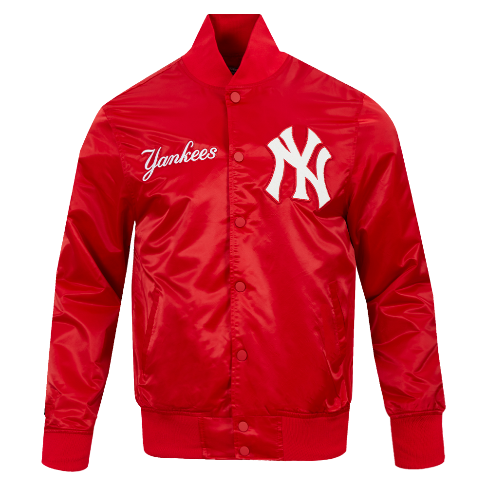 A red satin New York Yankees varsity jacket with a white embroidered Yankees script logo on the left chest and a large white NY logo on the right chest, shown on a plain white background.