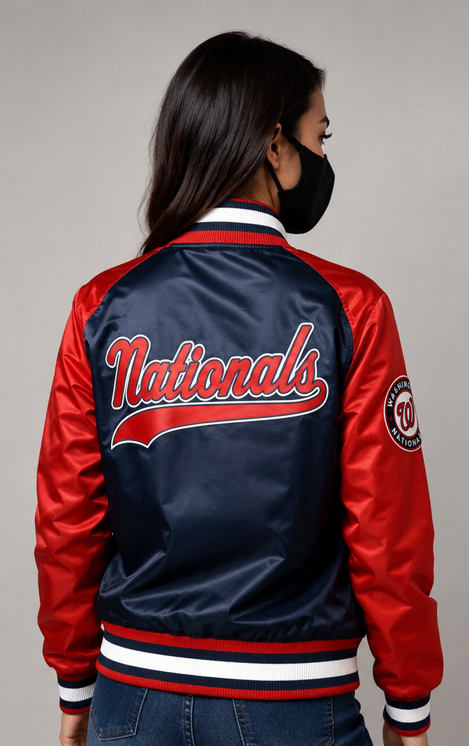 A woman viewed from the back wearing a satin varsity-style jacket with a navy back panel, red sleeves, and large 'Nationals' script across the upper back, paired with a black face mask and blue jeans against a plain light gray studio background.