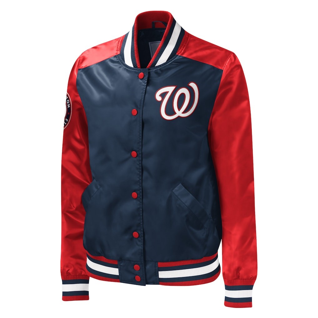 A navy and red satin varsity-style jacket with a white embroidered 'W' logo on the chest, red buttons, and striped ribbed collar, cuffs, and hem.
