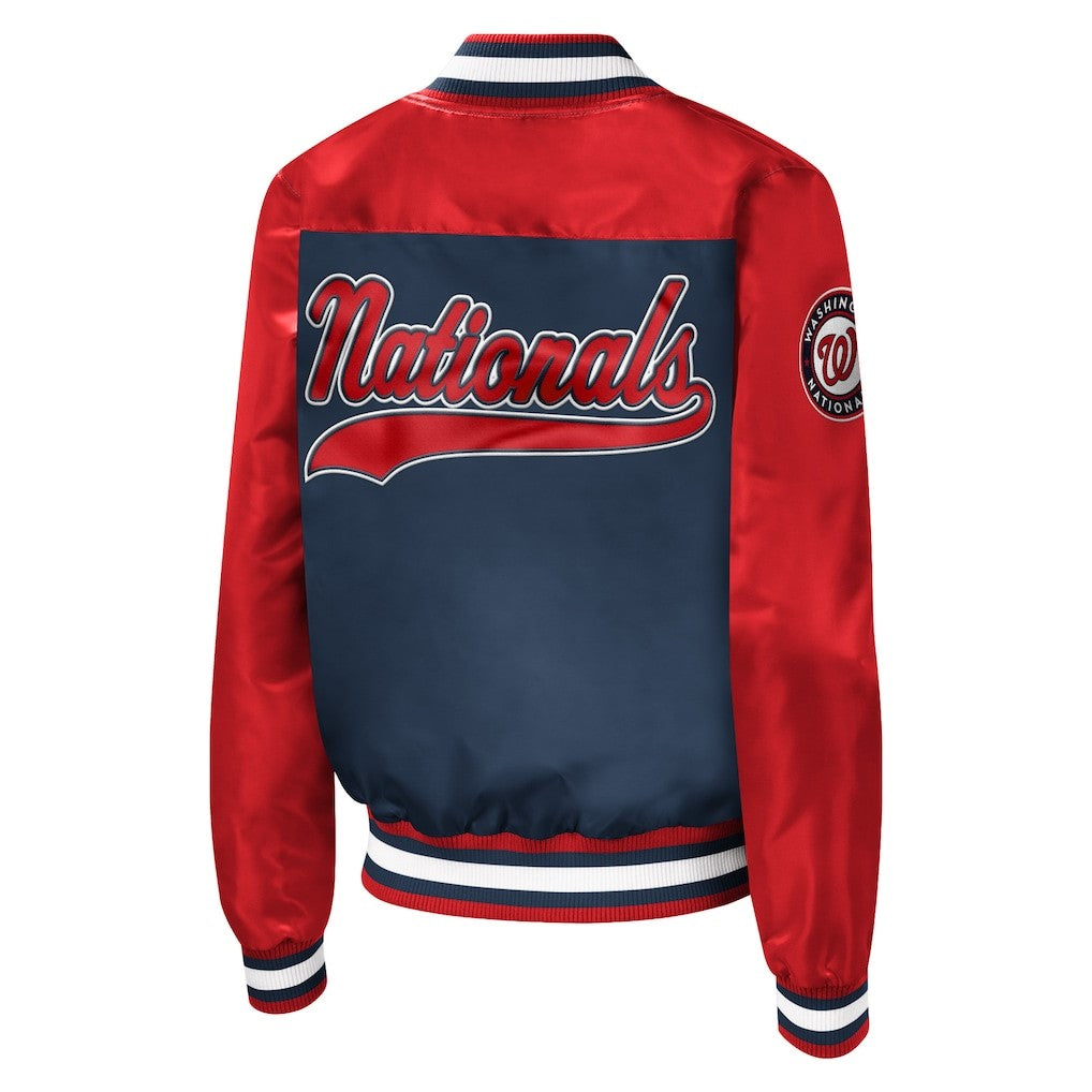 A red and navy blue satin varsity jacket shown from the back, featuring 'Nationals' in red script with a white outline across the upper back, a Washington Nationals patch on the sleeve, and ribbed red, white, and navy cuffs and hem.