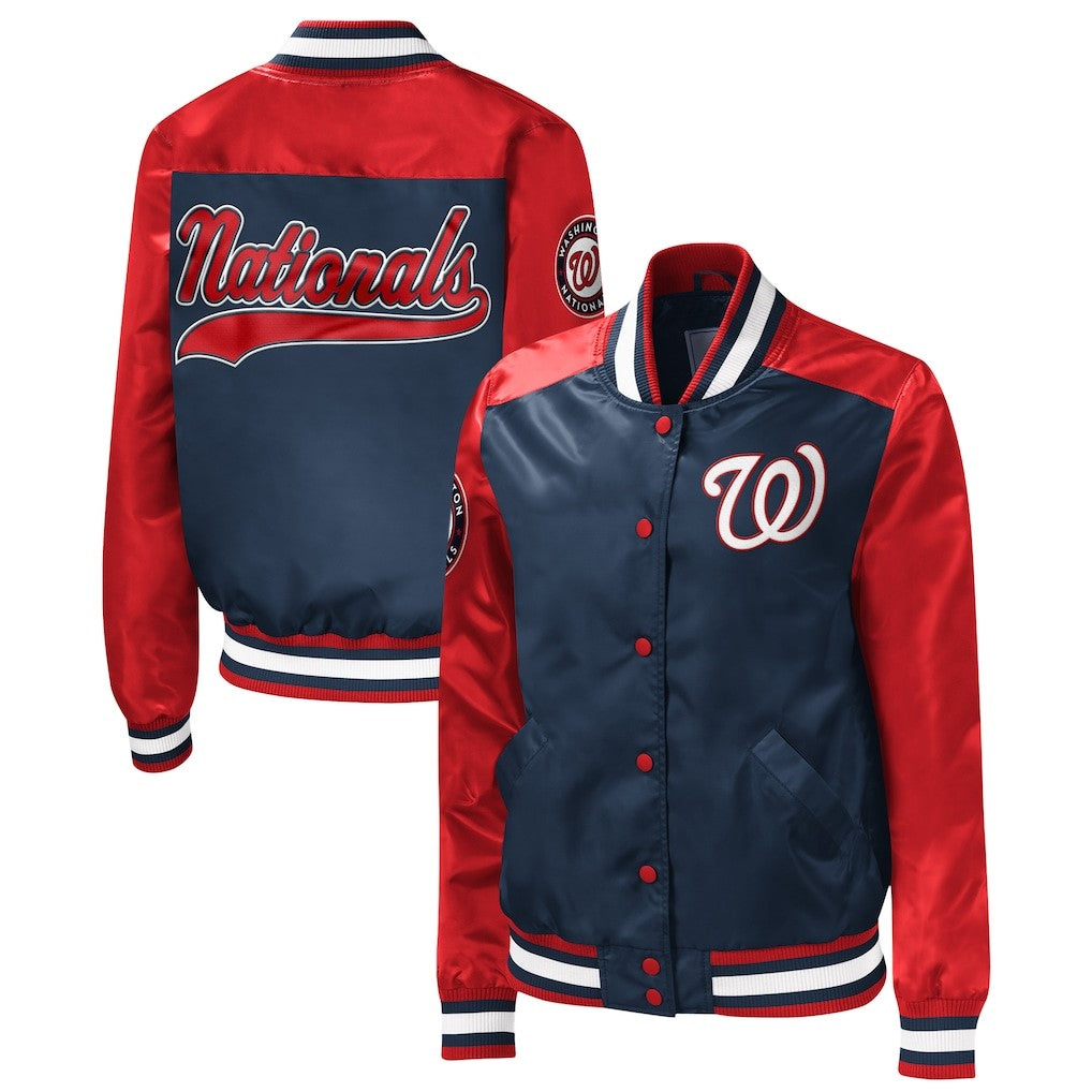 MLB Washington Nationals Navy Blue & Red Satin Bomber Jacket for Men & Women
