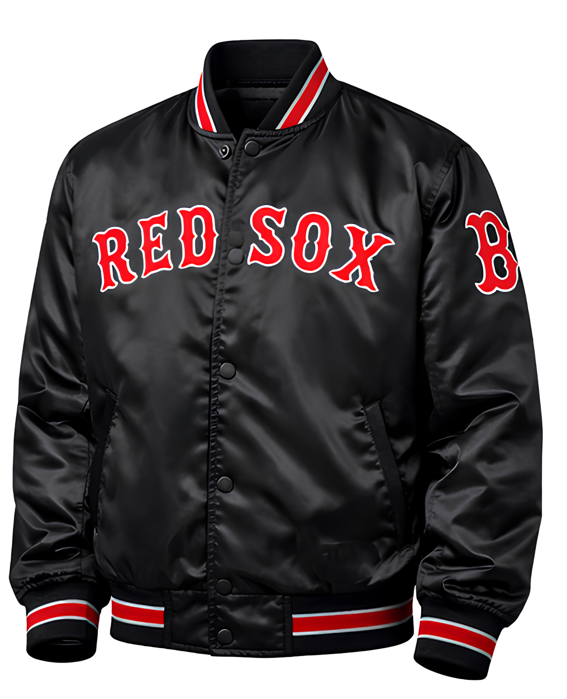 A black satin bomber jacket featuring 'RED SOX' in red arched letters on the chest, with a red and white striped collar, cuffs, and hem, shown against a plain white background.