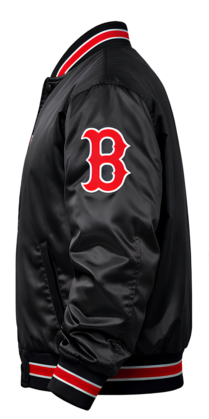A black satin bomber jacket featuring a large red Boston Red Sox 'B' logo on the upper left chest, with red and white striped ribbed collar, cuffs, and hem.