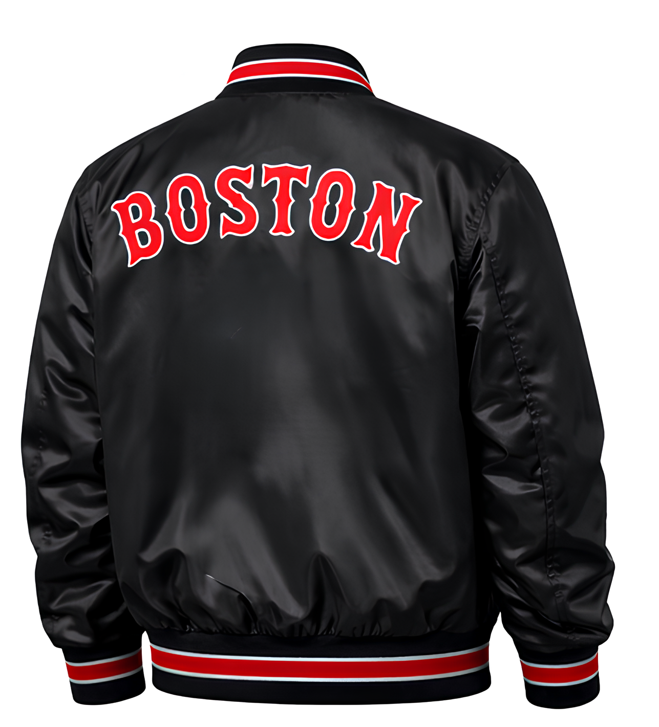 A black satin bomber jacket shown from the back, featuring 'BOSTON' in red varsity-style lettering with white outlines across the upper back. The jacket has a black ribbed collar, cuffs, and hem, accented with red and white stripes.