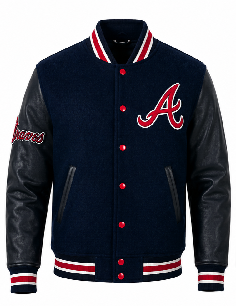 A navy blue varsity jacket with black leather sleeves, featuring the Atlanta Braves 'A' logo on the left chest, red snap buttons, and red, white, and navy striped ribbed trim.