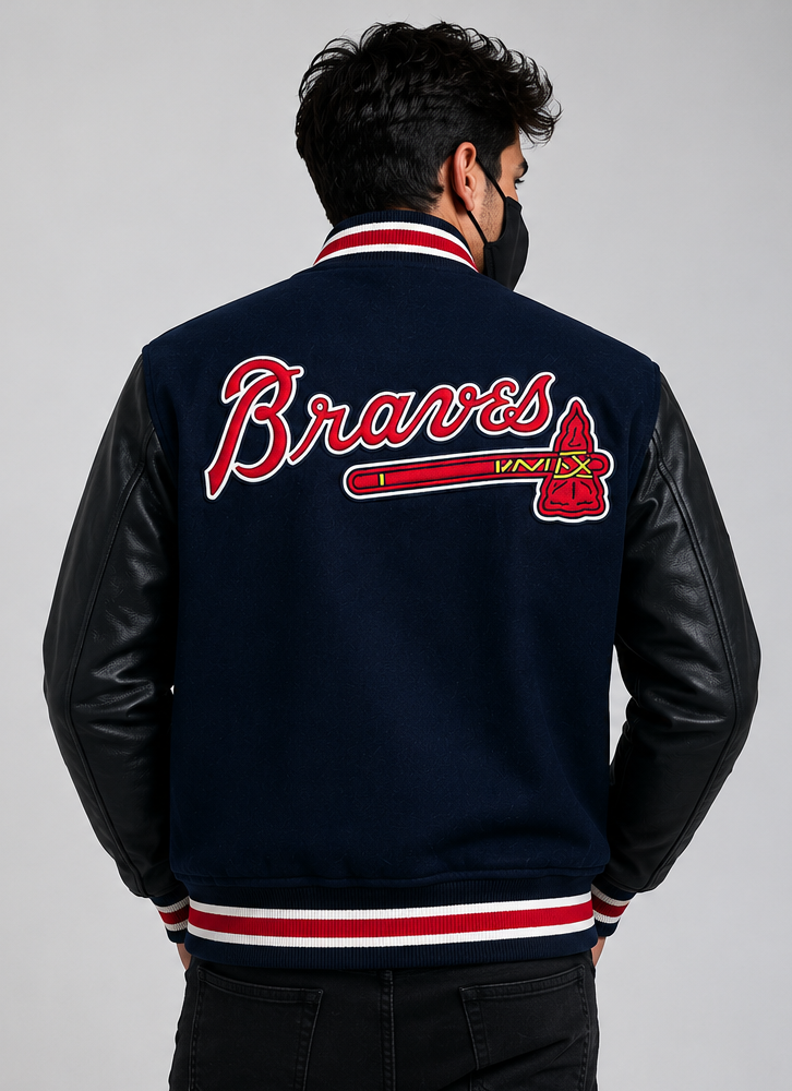 A man viewed from behind wearing an MLB Atlanta Braves Navy Blue & Black Varsity Letterman Bomber Jacket 