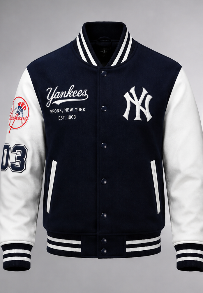A navy blue and white varsity jacket featuring the New York Yankees logo on the left chest, 'Yankees' script on the right chest, and a team patch on the left sleeve.