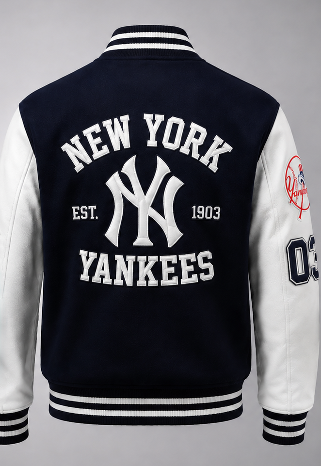 Back view of a varsity jacket featuring 'NEW YORK YANKEES' and the NY logo in white on a navy blue body with white sleeves, set against a neutral gray background.