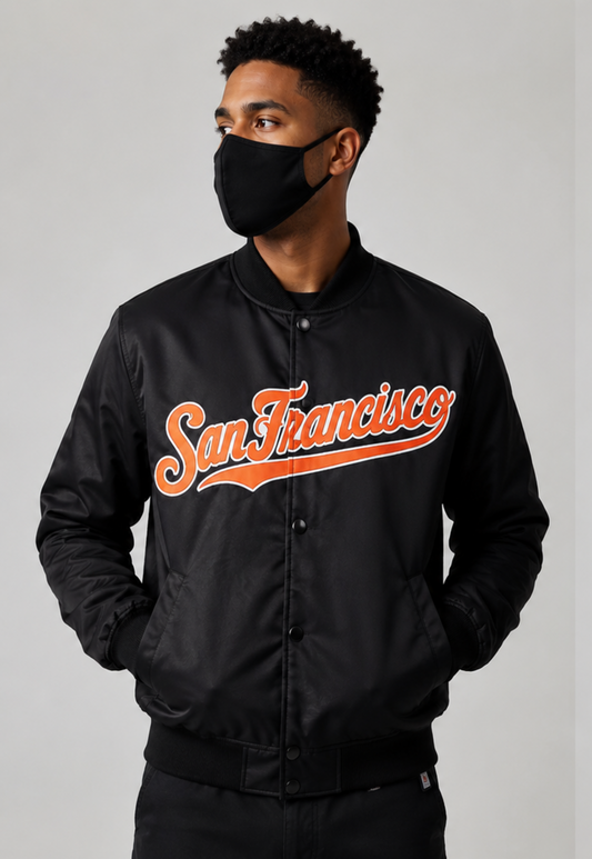 MLB San Francisco Script Logo Black Satin Bomber Jacket for Men & Women 