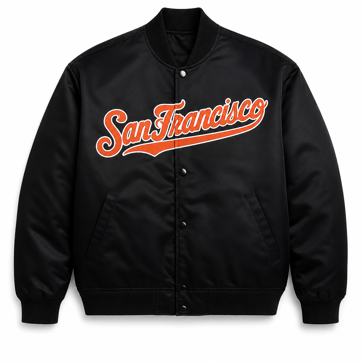 MLB San Francisco Script Logo Black Satin Bomber Jacket for Men & Women 
