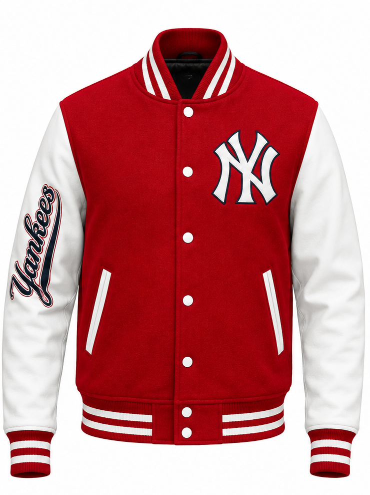 A red and white varsity jacket featuring the New York Yankees logo on the chest and 'Yankees' script on the sleeve, shown against a plain white background.