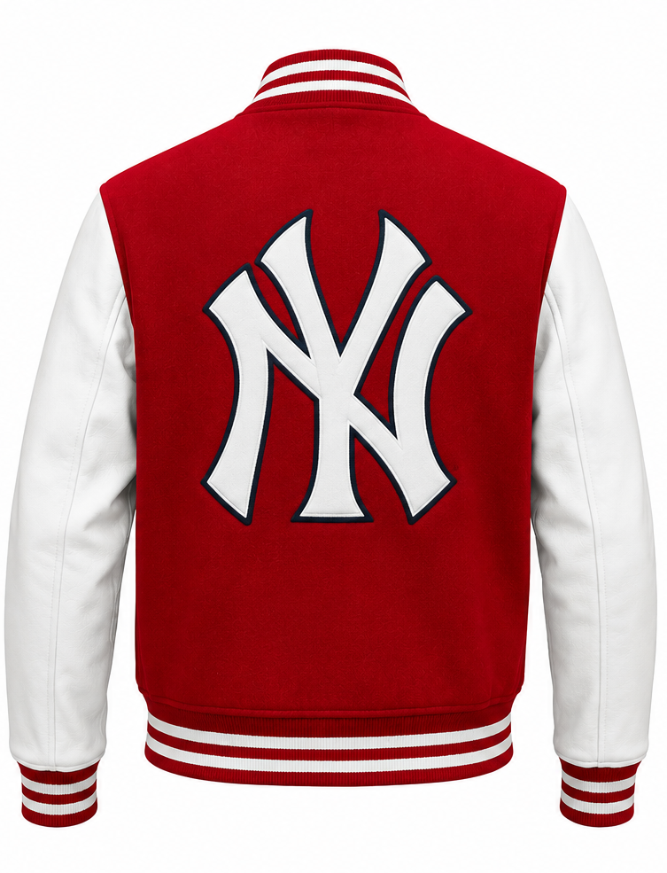 A red and white varsity jacket shown from the back, featuring a large white New York Yankees 'NY' logo embroidered on the back. The jacket has a red body, white sleeves, and red and white striped ribbed collar, cuffs, and hem.
