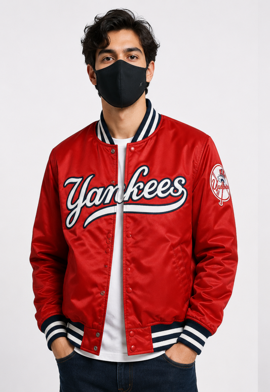 MLB Vintage New York Yankees Red Satin Bomber Jacket for Men & Women