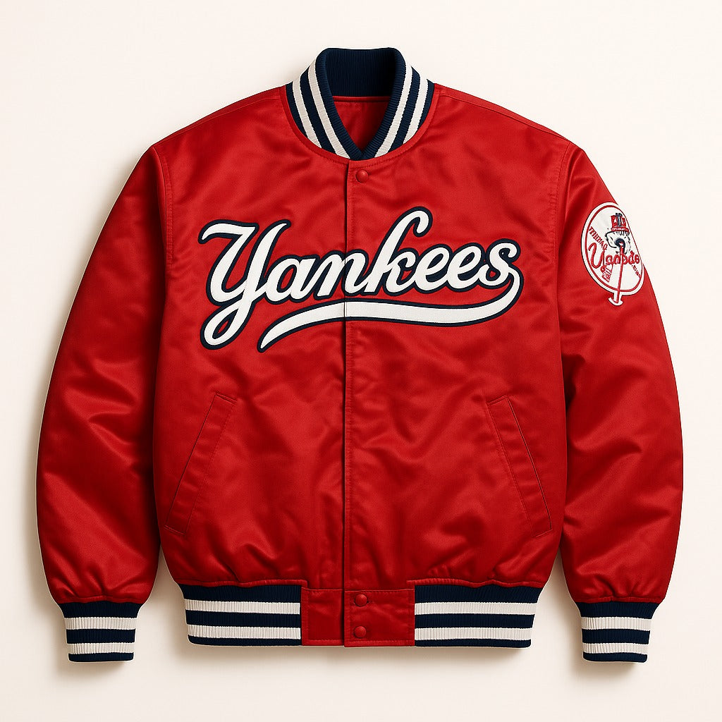 MLB Vintage New York Yankees Red Satin Bomber Jacket for Men & Women