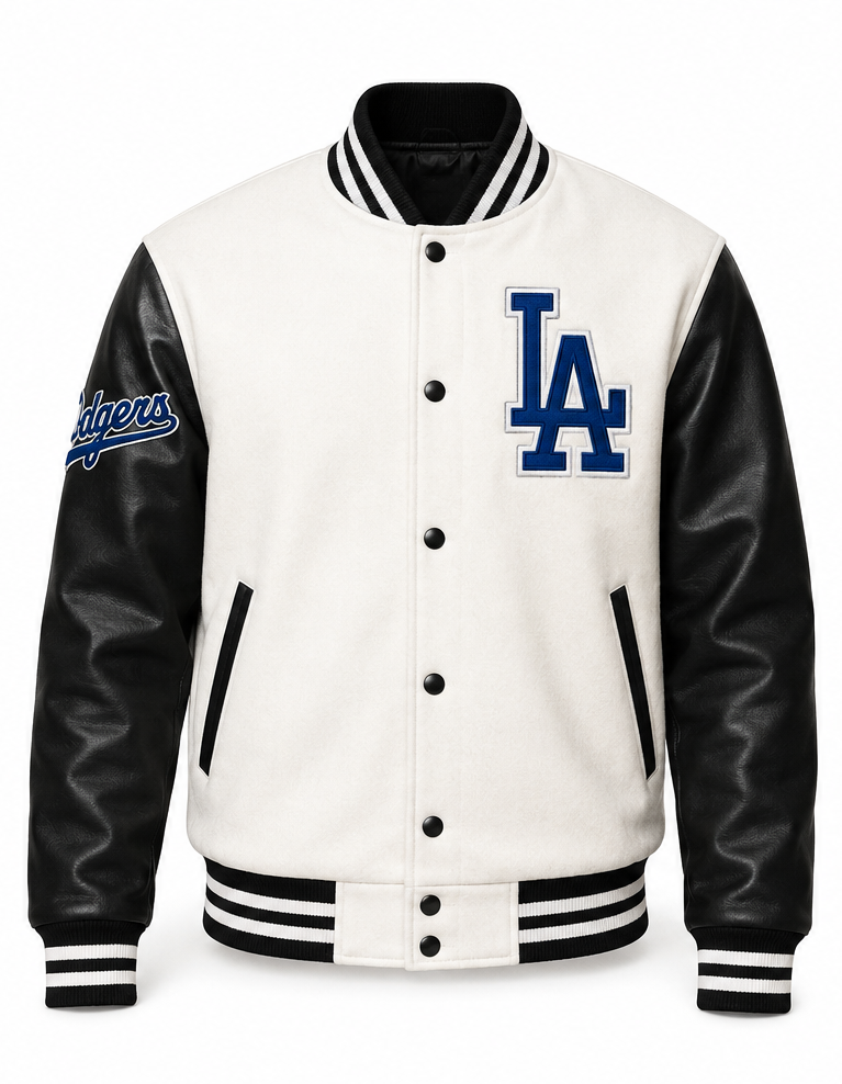 A varsity-style jacket with an off-white body, black faux-leather sleeves, and black-and-white striped ribbing. The front features a large blue and white 'LA' logo, and the right sleeve has a blue script logo reading 'Rangers'.