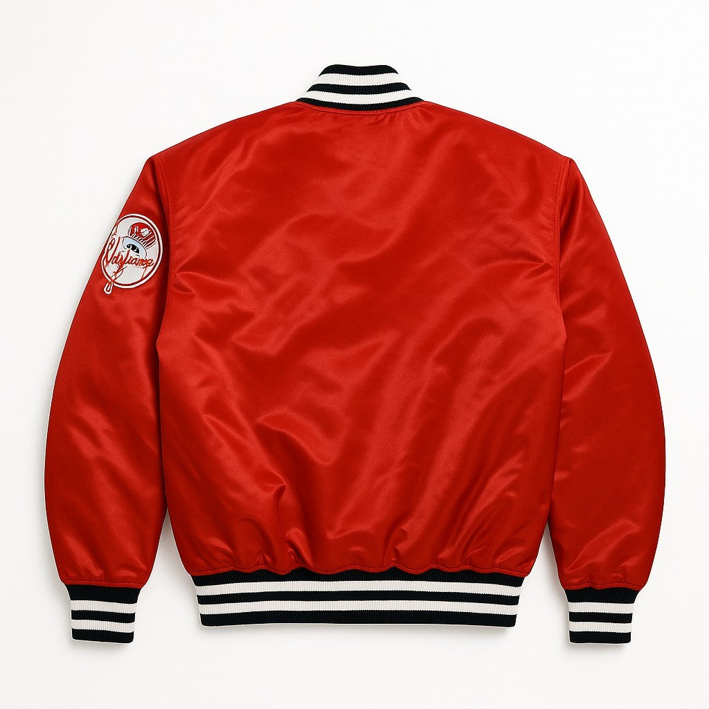 MLB Vintage New York Yankees Red Satin Bomber Jacket for Men & Women