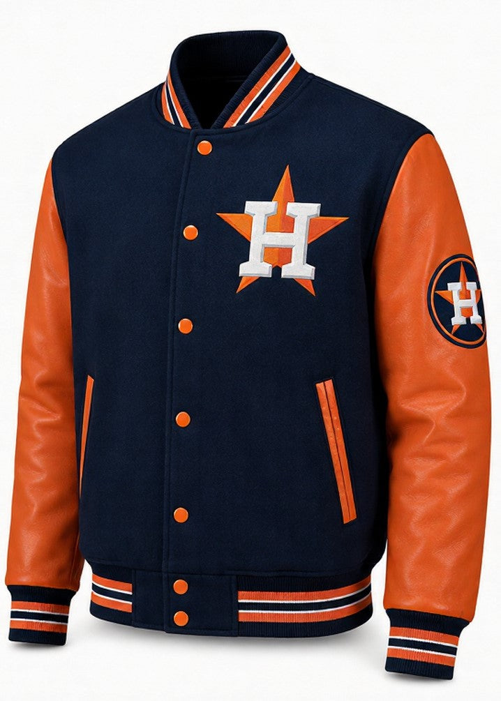 A varsity-style jacket with a navy blue body and orange sleeves, featuring a large Houston Astros 'H' logo on the chest and a circular patch on the sleeve.
