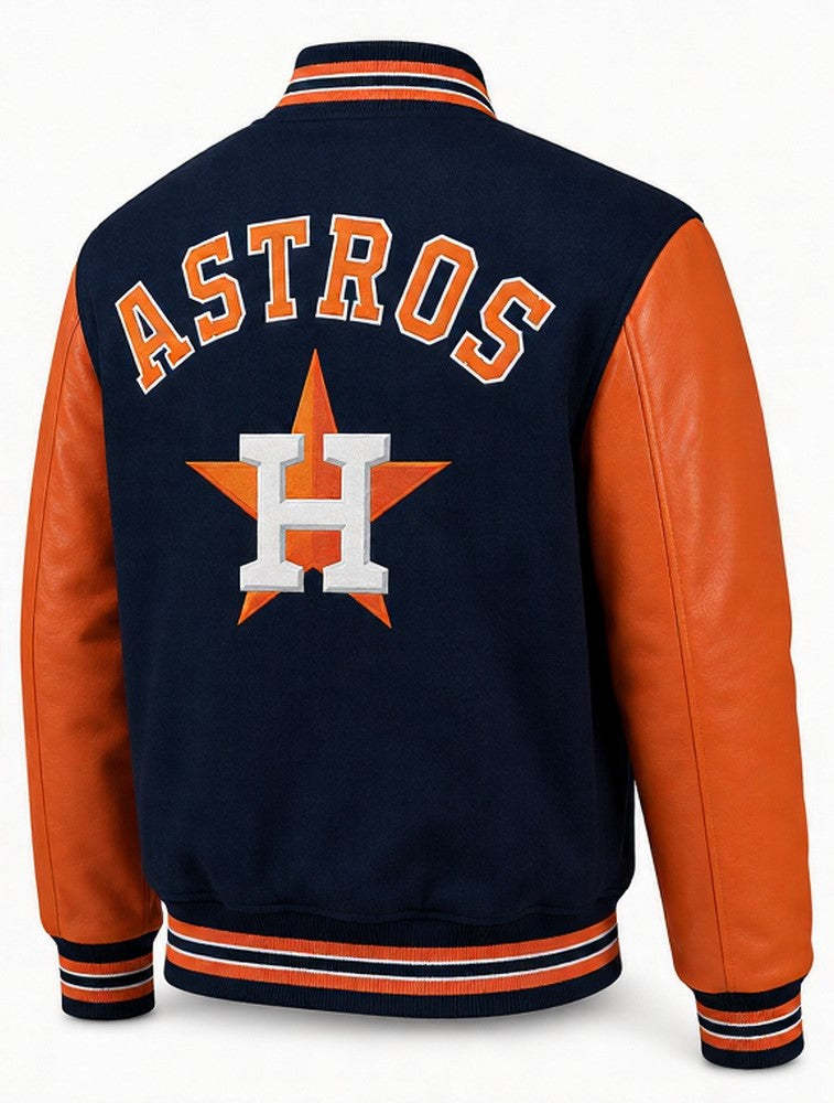 Houston Astros varsity jacket shown from the back, featuring navy blue body, orange leather-look sleeves, and 'ASTROS' with the team logo embroidered on the back.
