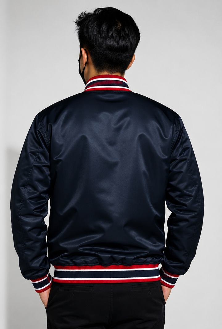 MLB Atlanta Braves Navy Blue Satin Bomber Jacket for Men & Women