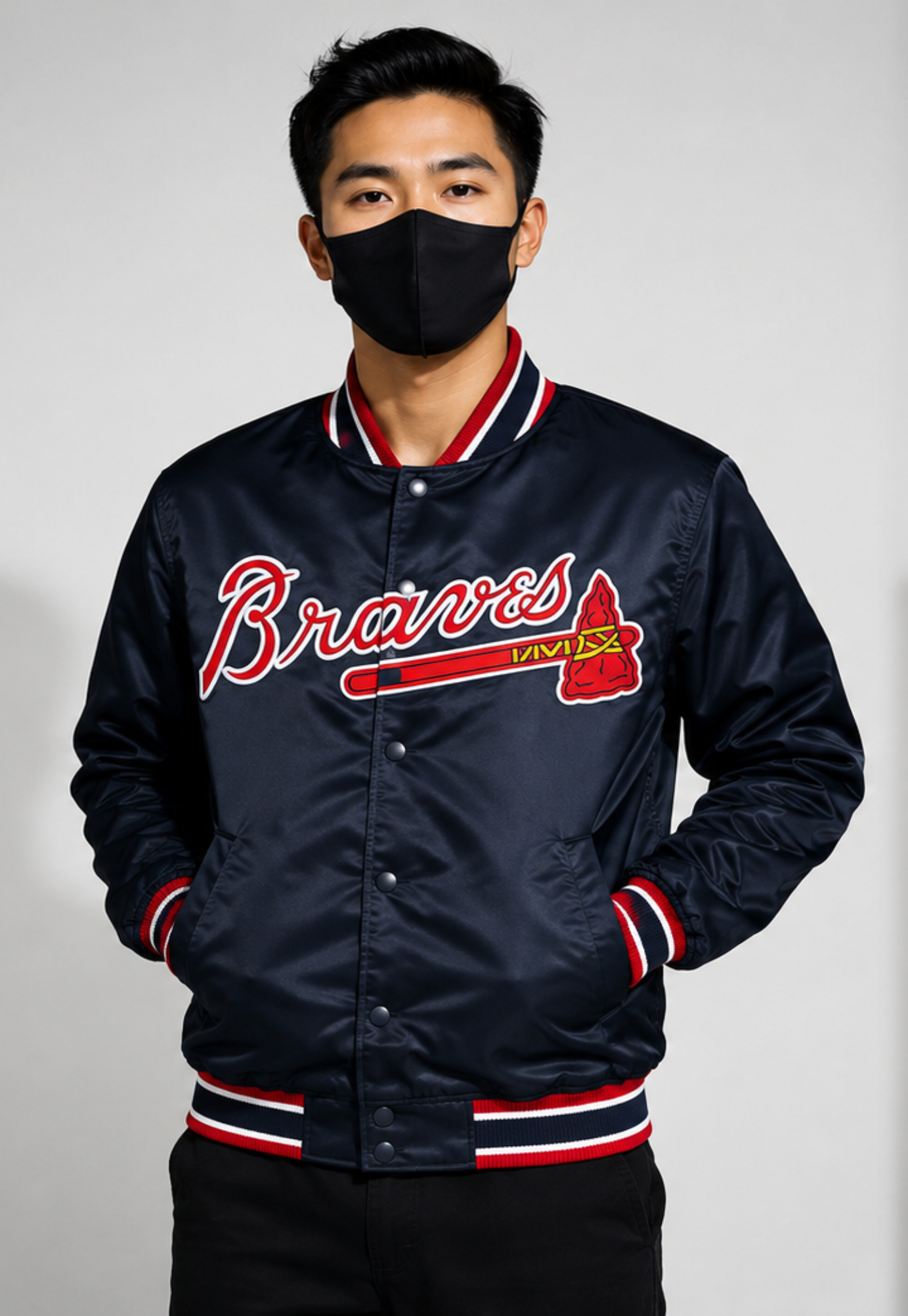 MLB Atlanta Braves Navy Blue Satin Bomber Jacket for Men & Women