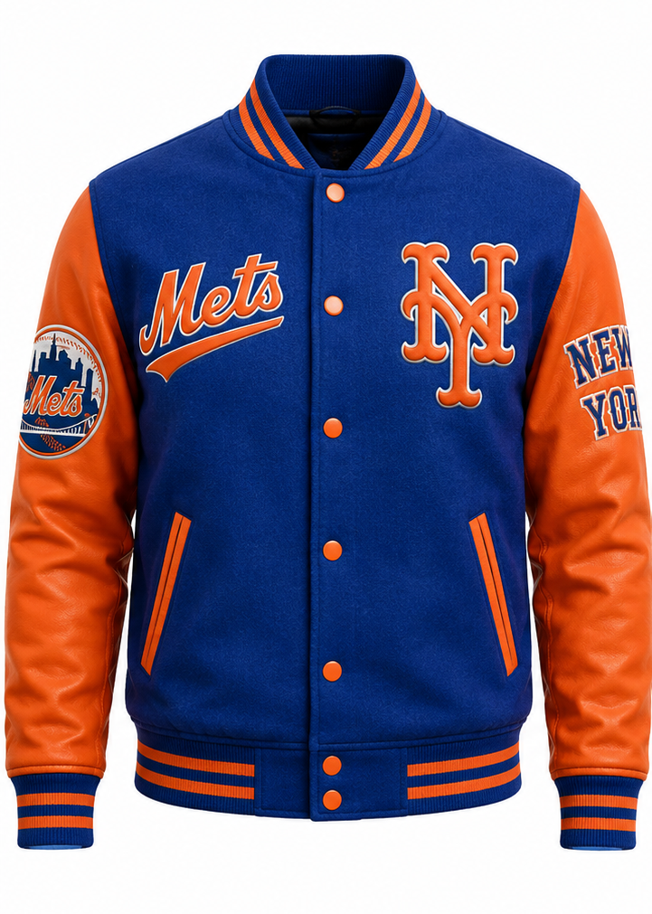 A New York Mets varsity jacket with a royal blue body, orange sleeves, and orange and blue striped ribbed collar, cuffs, and hem. The front features orange buttons, the Mets script logo on the right chest, and the interlocking NY logo on the left chest.
