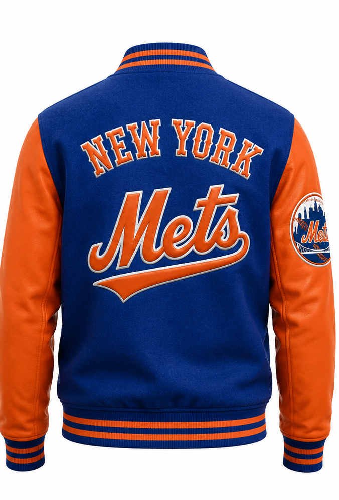 The back of a New York Mets varsity jacket in royal blue and orange, featuring 'NEW YORK Mets' embroidered on the back and the team logo on the sleeve.