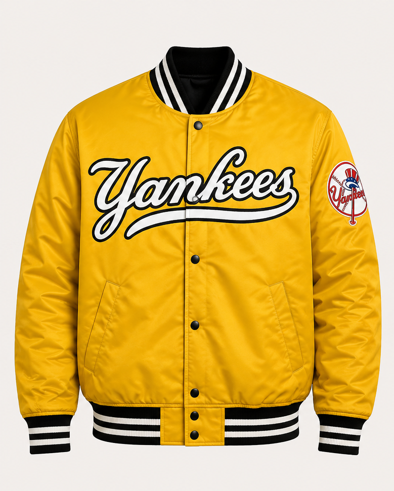 MLB New York Yankees Yellow Satin Bomber Jacket for Men & Women