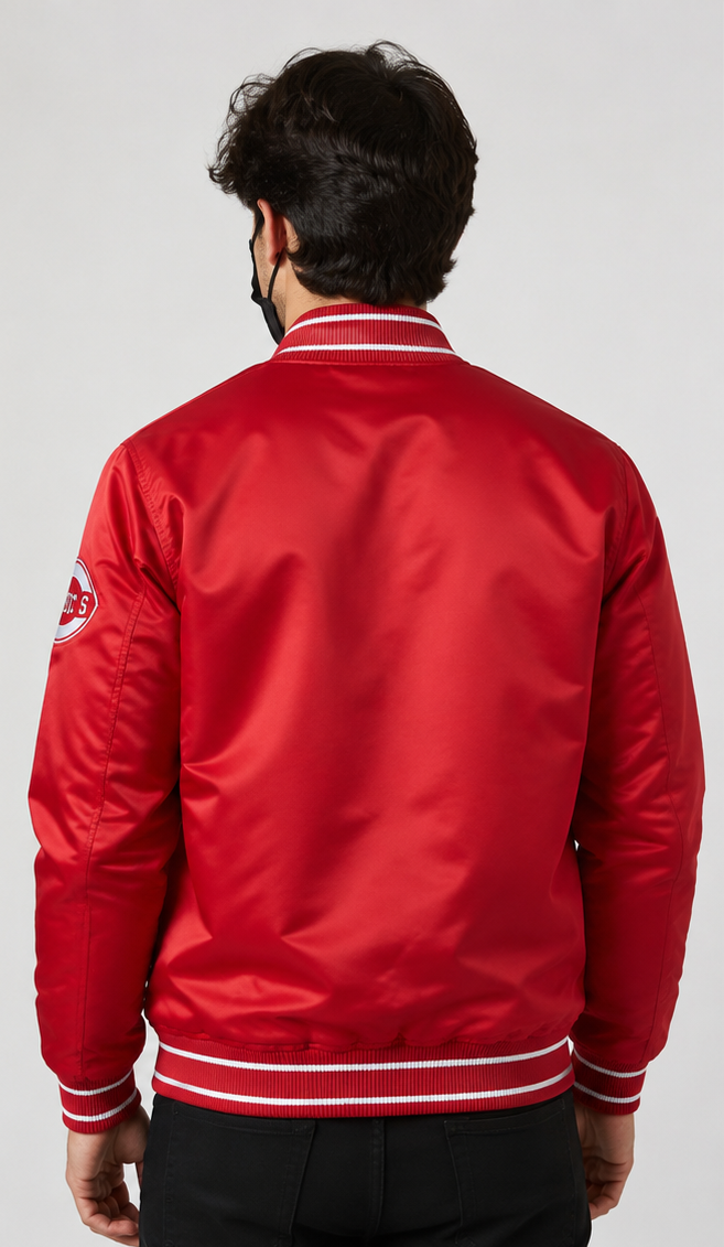 MLB Cincinnati Red Satin Bomber Jacket for Men & Women