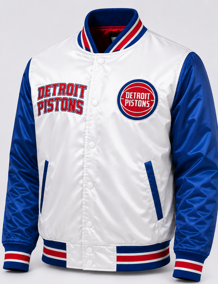 Detroit Pistons satin varsity jacket in white and blue with red and white striped ribbed trim, featuring 'DETROIT PISTONS' text on the chest and a circular team logo.