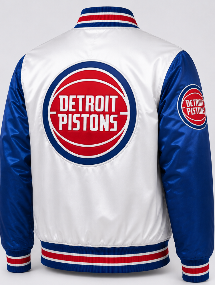 Detroit Pistons satin varsity jacket shown from the back, featuring a large red, white, and blue circular logo on the back and a smaller matching logo on the left sleeve.