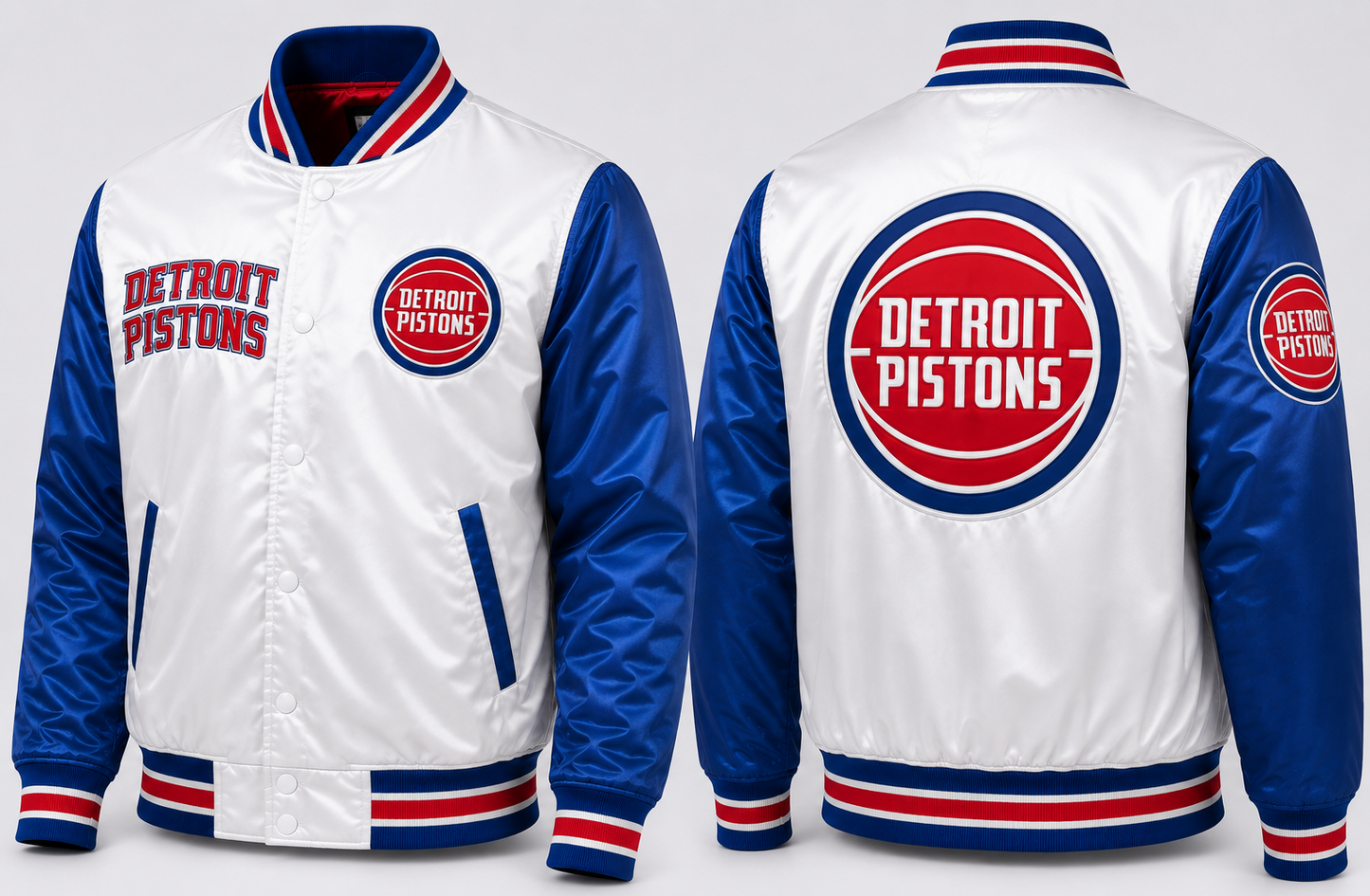 Detroit Pistons satin varsity jacket shown from both front and back views. The jacket features a white body, royal blue sleeves, and red and white striped ribbed collar, cuffs, and hem.