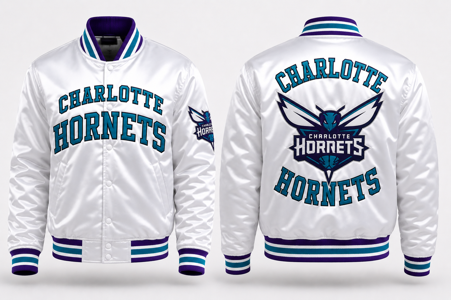 White Charlotte Hornets varsity jacket shown from the front and back, featuring teal and purple lettering and striped ribbed collar, cuffs, and hem.