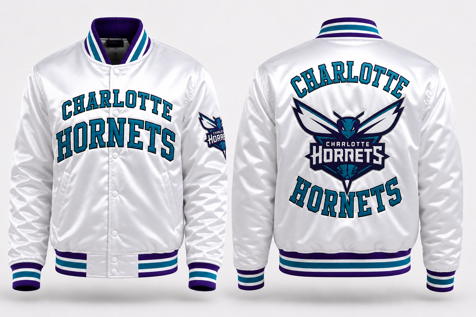 White Charlotte Hornets varsity jacket shown from the front and back, featuring teal and purple lettering and striped ribbed collar, cuffs, and hem.