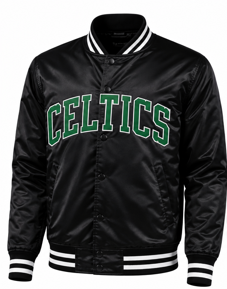 A black satin varsity jacket with 'CELTICS' written in green collegiate letters with a white outline across the chest, featuring a black ribbed collar, cuffs, and hem with white stripes.