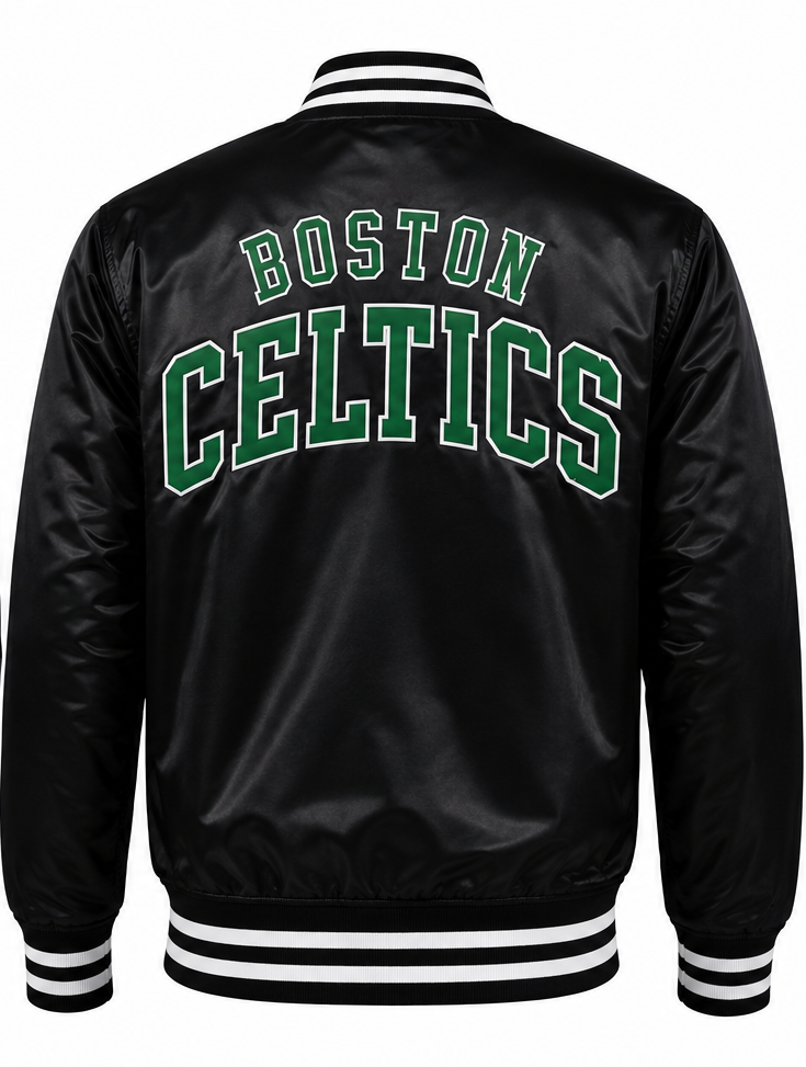 Black satin varsity jacket shown from the back, featuring 'BOSTON CELTICS' embroidered in green and white arched lettering across the upper back, with black and white striped ribbed collar, cuffs, and hem.