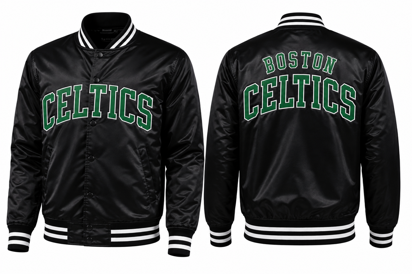 Black Boston Celtics satin jacket shown from the front and back, featuring green and white arched 'CELTICS' and 'BOSTON Celtics' lettering on the chest and back, with striped ribbed collar, cuffs, and hem.