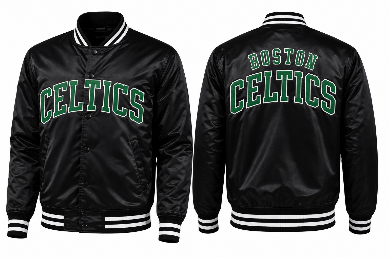 Black Boston Celtics satin jacket shown from the front and back, featuring green and white arched 'CELTICS' and 'BOSTON Celtics' lettering on the chest and back, with striped ribbed collar, cuffs, and hem.