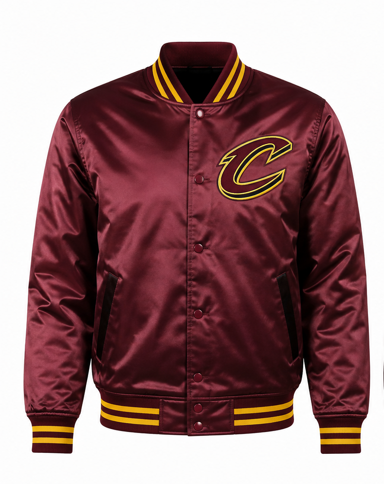 Cleveland Cavaliers Satin Bomber Jacket – Maroon Varsity Snap Button NBA Fan Jacket
