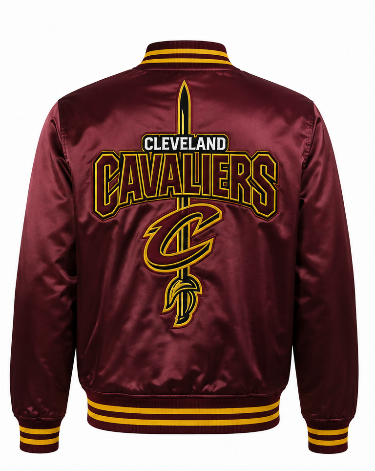 A maroon satin varsity-style jacket shown from the back, featuring a large 'CLEVELAND CAVALIERS' logo with sword embroidery and the Cleveland C logo in gold, plus a matching striped ribbed collar, cuffs, and hem.