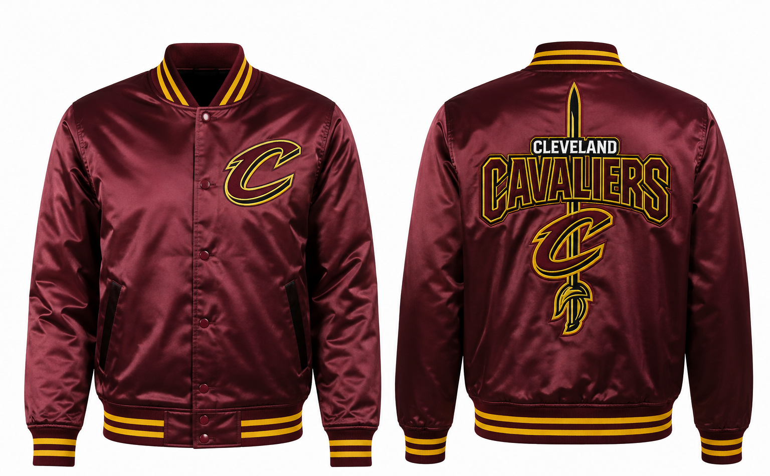Front and back views of a maroon satin varsity jacket: Cleveland Cavaliers Satin Bomber Jacket – Maroon Varsity Snap Button NBA Fan Jacket