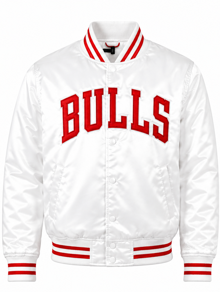 A white satin varsity jacket featuring the word 'BULLS' in red collegiate block letters across the chest, with red and white striped ribbed trim on the collar, cuffs, and hem.