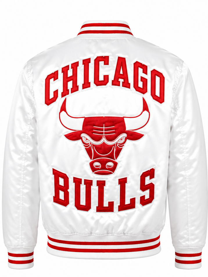 White Chicago Bulls satin jacket shown from the back, featuring red embroidered lettering and the team logo on a plain white background.