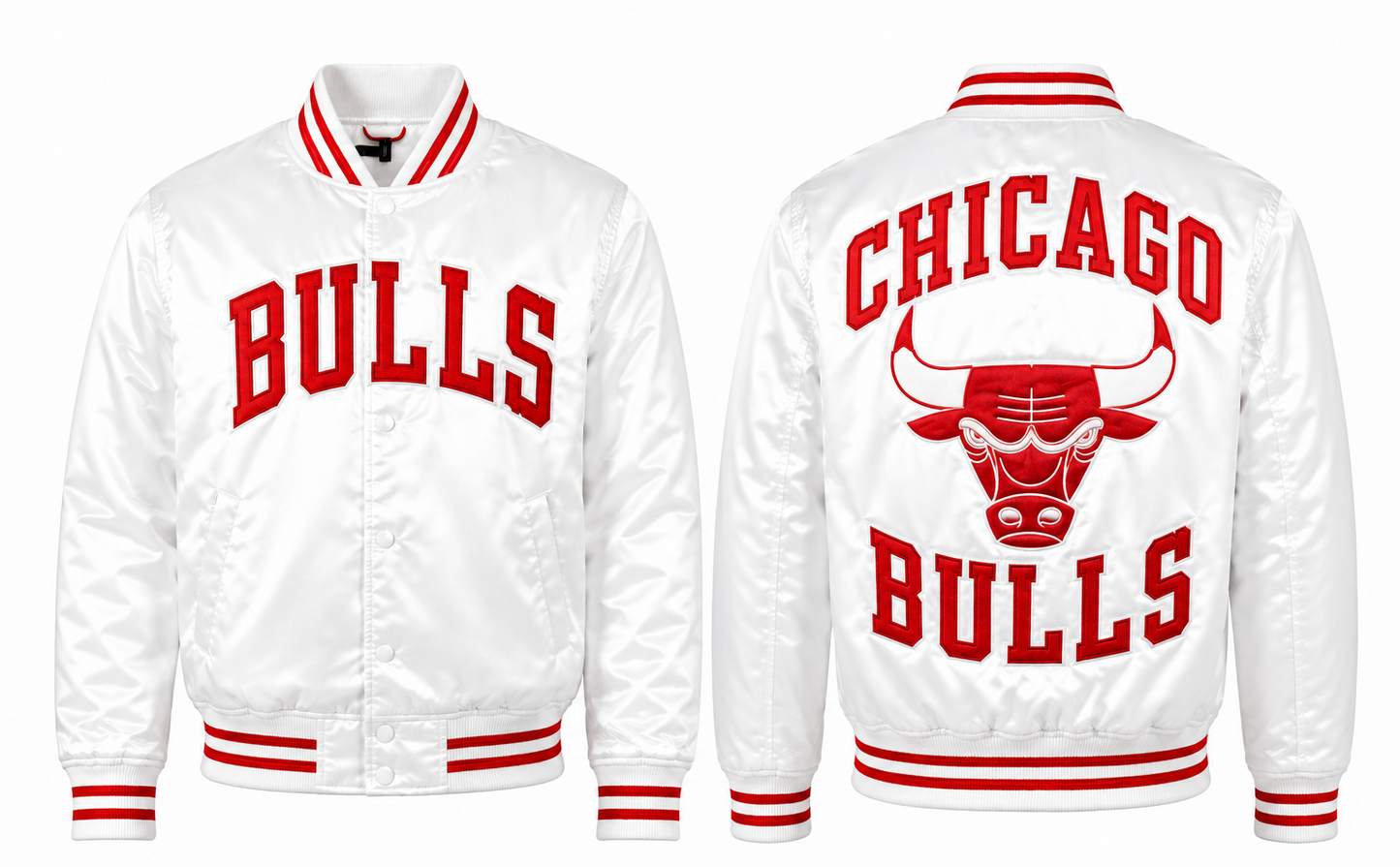 White Chicago Bulls satin bomber jacket shown from the front and back, featuring red lettering and the team logo on a plain white background.