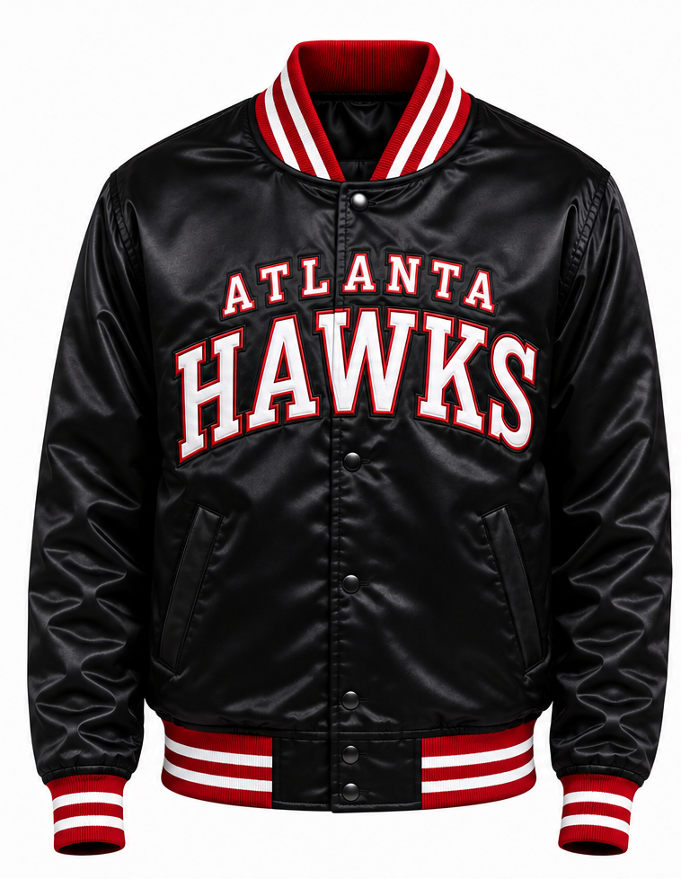 A black satin varsity jacket featuring 'ATLANTA HAWKS' in red and white arched lettering on the chest, with red and white striped ribbed collar, cuffs, and hem.