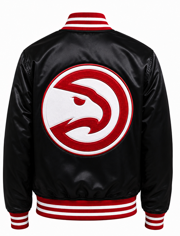 Black satin bomber jacket shown from the back, featuring a large red and white circular eagle logo patch on the center back and red and white striped ribbed collar, cuffs, and hem.