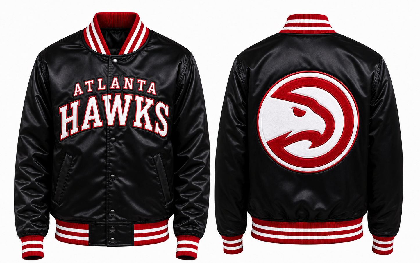 Black Atlanta Hawks satin bomber jacket shown from the front and back, featuring red and white ribbed trim and the team logo.