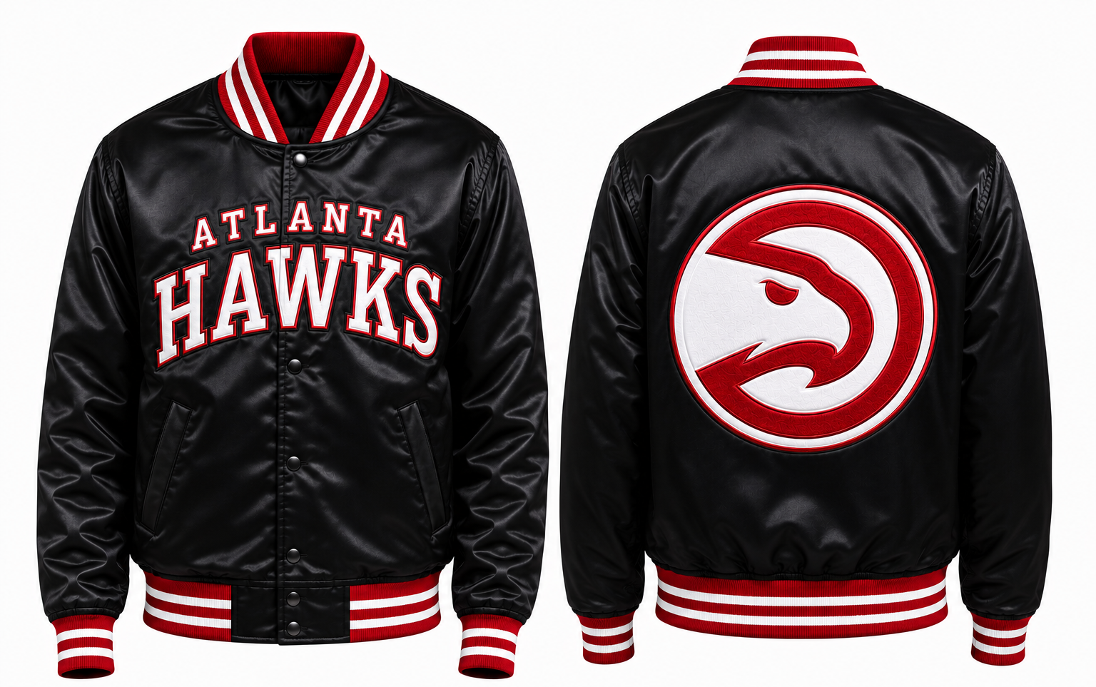Black Atlanta Hawks satin bomber jacket shown from the front and back, featuring red and white ribbed trim and the team logo.