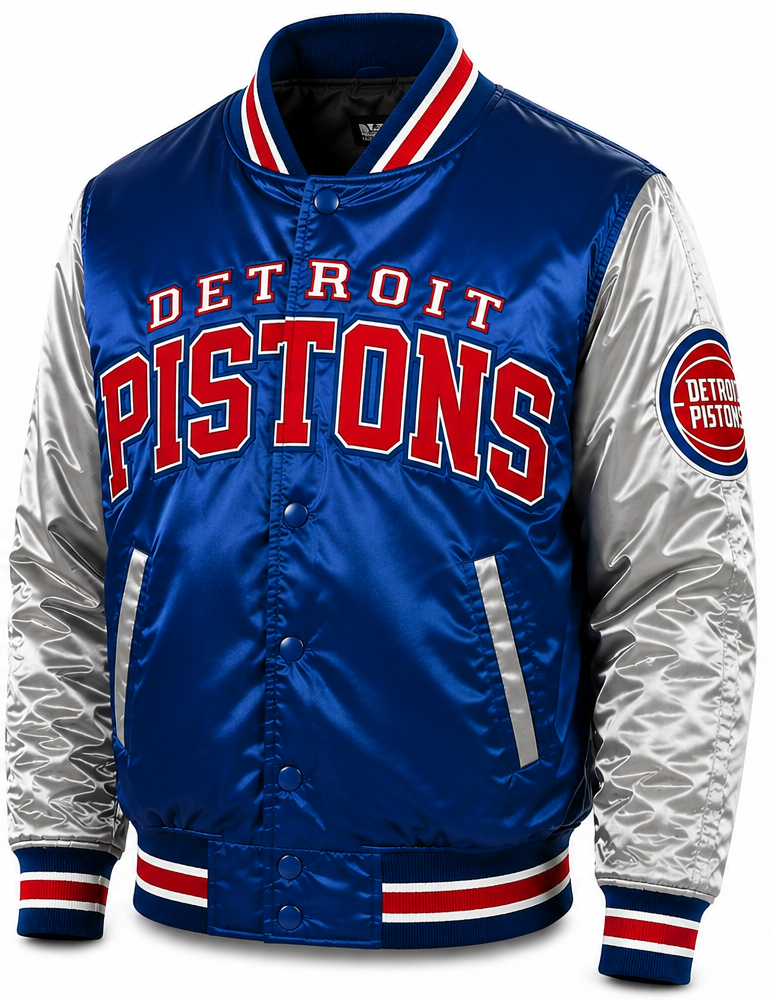 Detroit Pistons satin varsity jacket with a blue body, silver sleeves, and red, white, and blue trim. Features 'DETROIT PISTONS' text on the chest and a team patch on the sleeve.